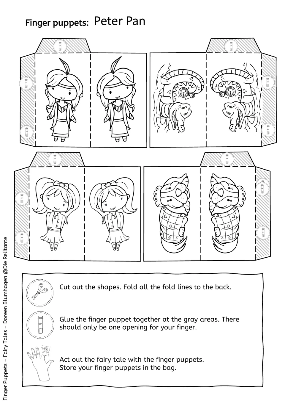 Black-and-white crocodile, dog and two girl puppets to colour, plus steps to cut, fold, glue and act out the story