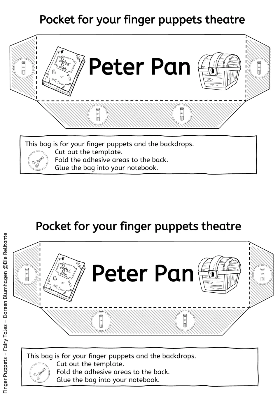 Black-and-white storage pocket for puppets: two Peter Pan templates to colour, cut out and glue into a notebook