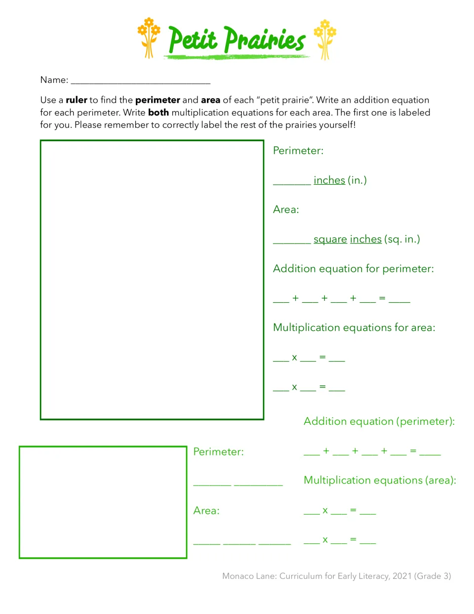 Perimeter and area with a ruler: students measure two prairie rectangles, then write addition and multiplication equations