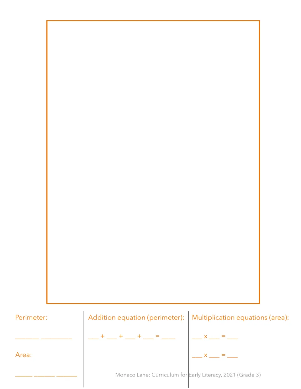 Perimeter and area practice: students measure one large rectangle with a ruler and write its addition and area equations