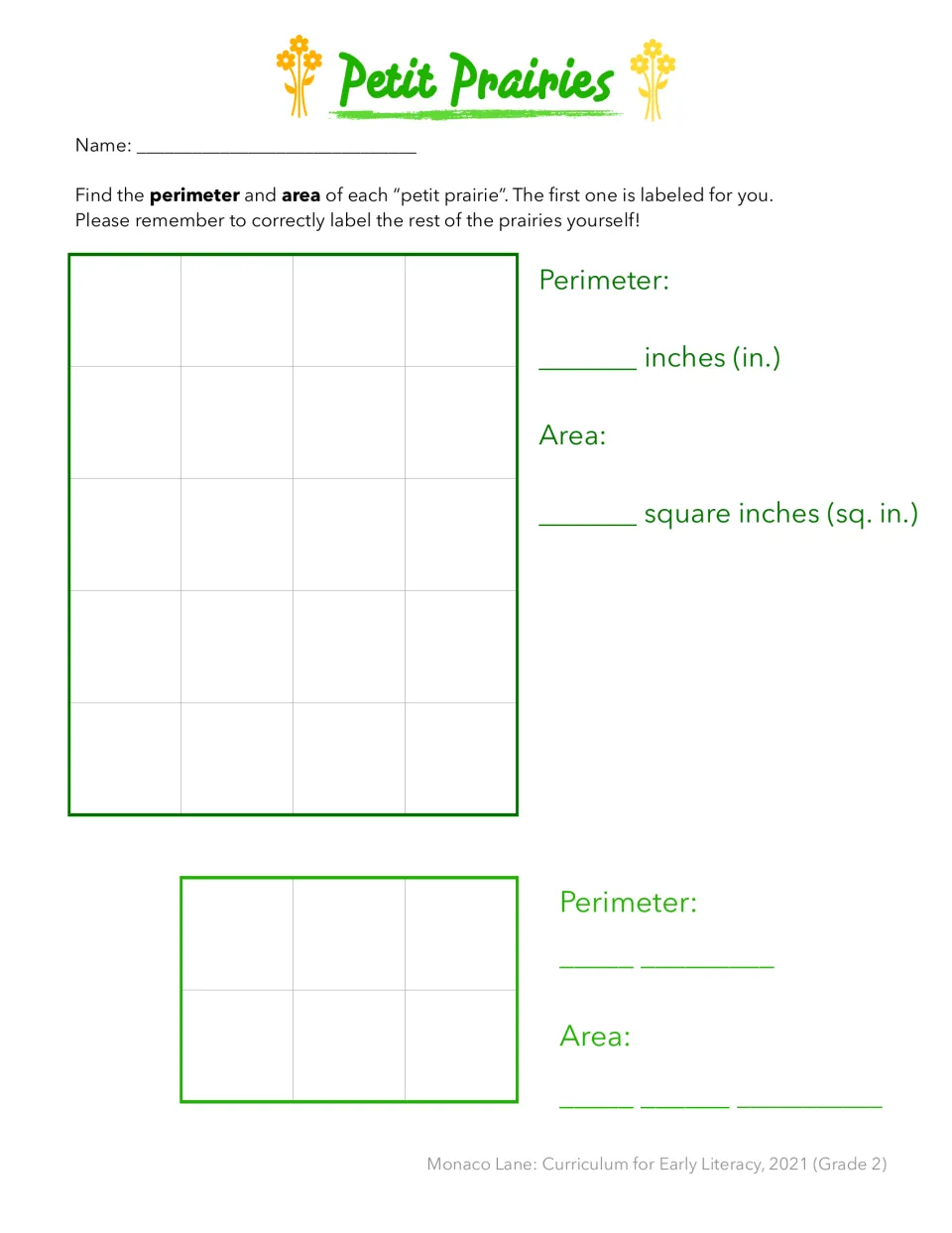 Petit Prairies perimeter and area: students count inch squares in a 4x5 and a 3x2 rectangle and label answers with units