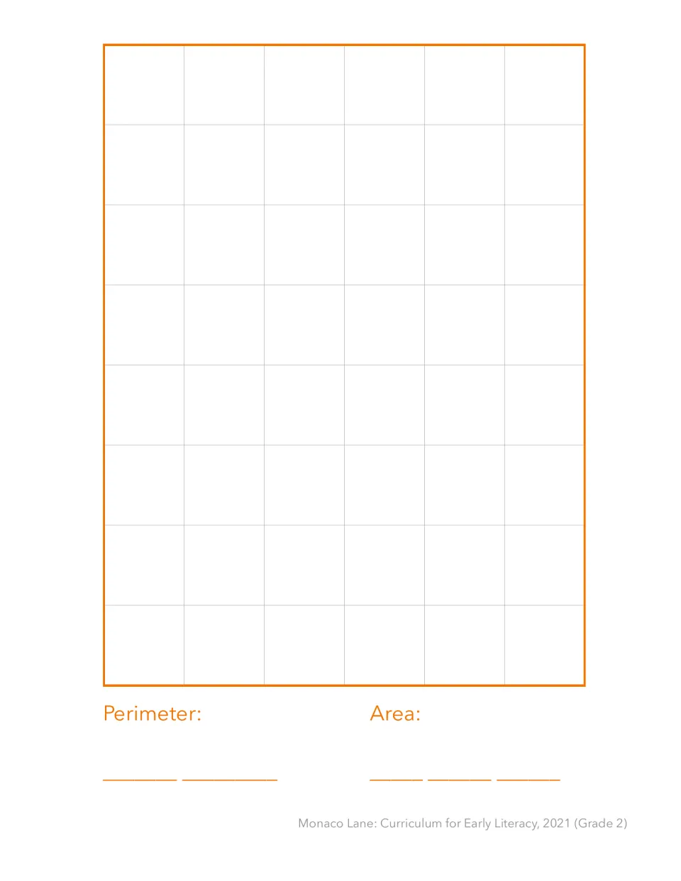 Counting inch squares: students find perimeter and area of a 6-by-8 rectangle and label each answer in inches or sq. in.