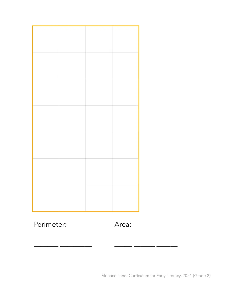 Perimeter and area by counting squares: students work out a 4-by-7 rectangle and write each answer with its correct units