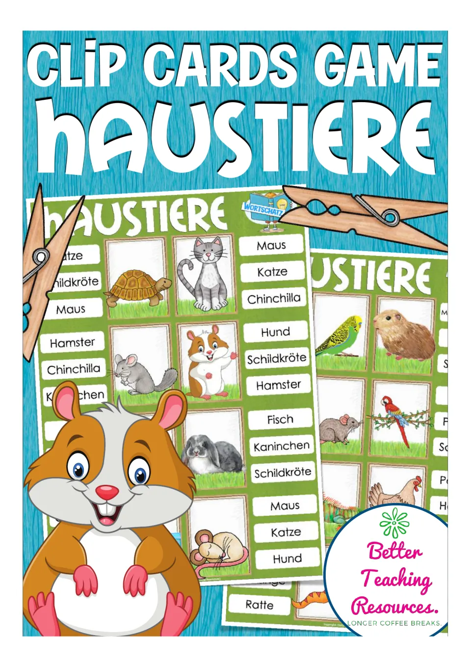 Cover of the German pet clip-card game, showing sample animal pictures and multiple-choice pet names