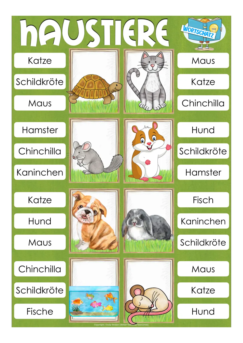 Vocabulary items 1–8: turtle, cat, chinchilla, hamster, dog, rabbit, fish, and mouse with German word choices
