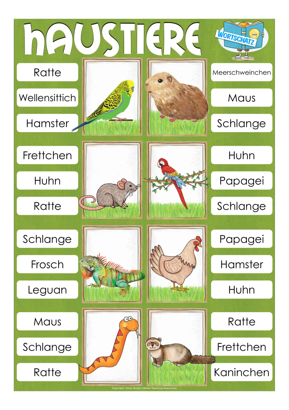 Vocabulary items 9–16: budgie, guinea pig, rat, parrot, iguana, hen, snake, and ferret with German choices