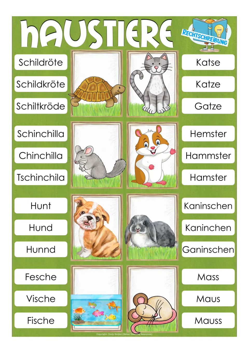 Spelling items 1–8: German names for turtle, cat, chinchilla, hamster, dog, rabbit, fish, and mouse