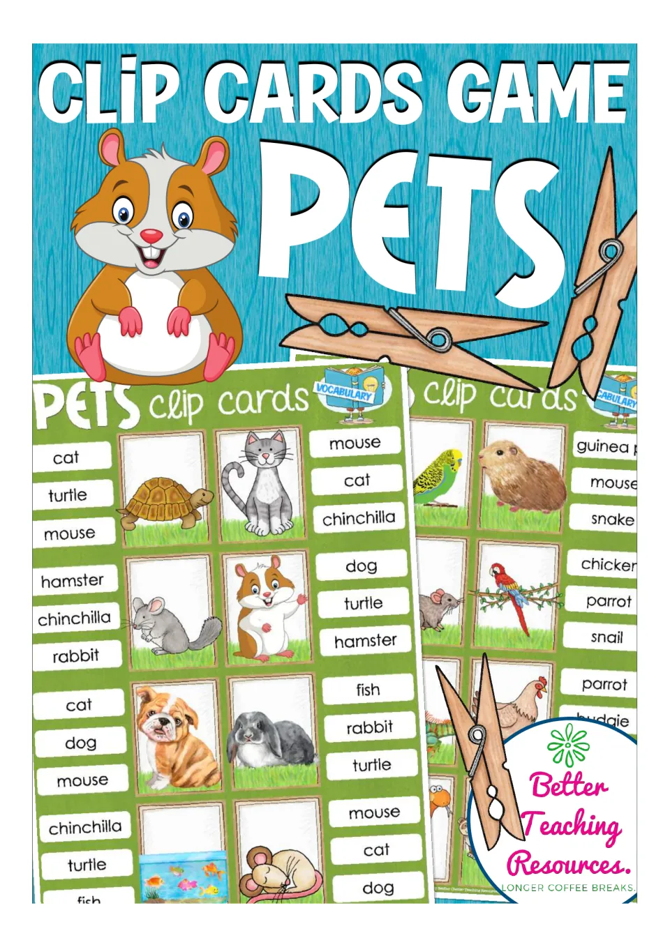 Clip Cards Game Pets cover: a cartoon hamster, clothespins and sample pet picture cards with three word choices each