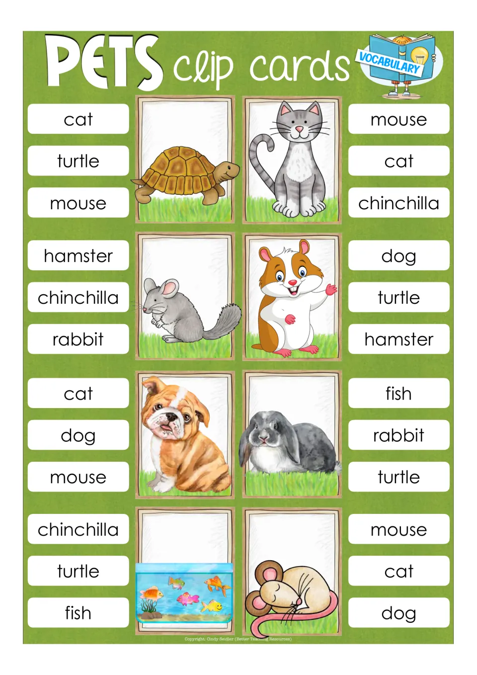 Pet vocabulary clip cards: students clip the name for a turtle, cat, chinchilla, hamster, dog, rabbit, fish and mouse