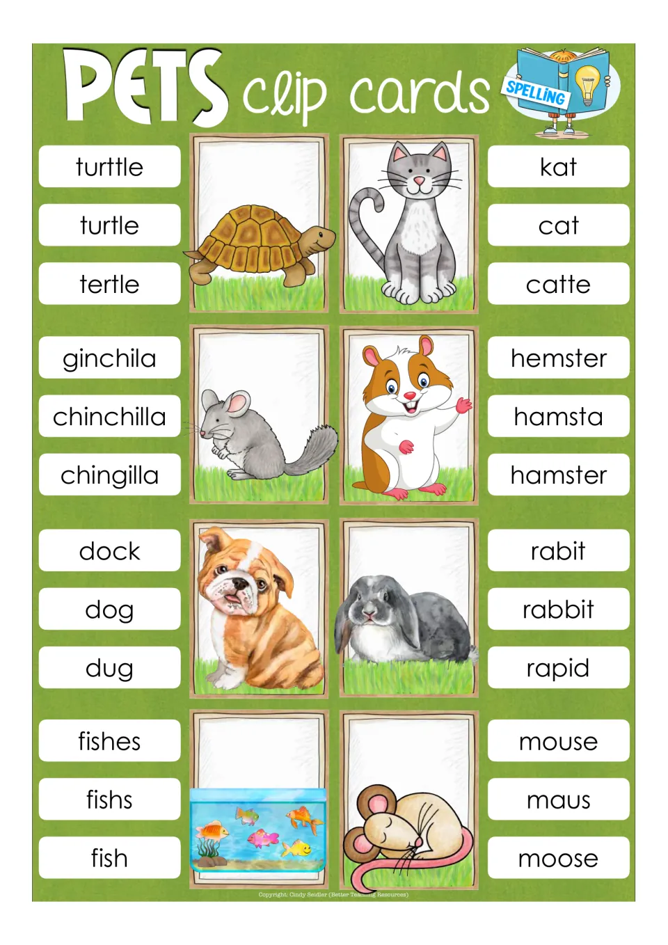 Pet spelling clip cards: students clip the correct spelling among options like turttle, turtle, tertle and kat, cat, catte
