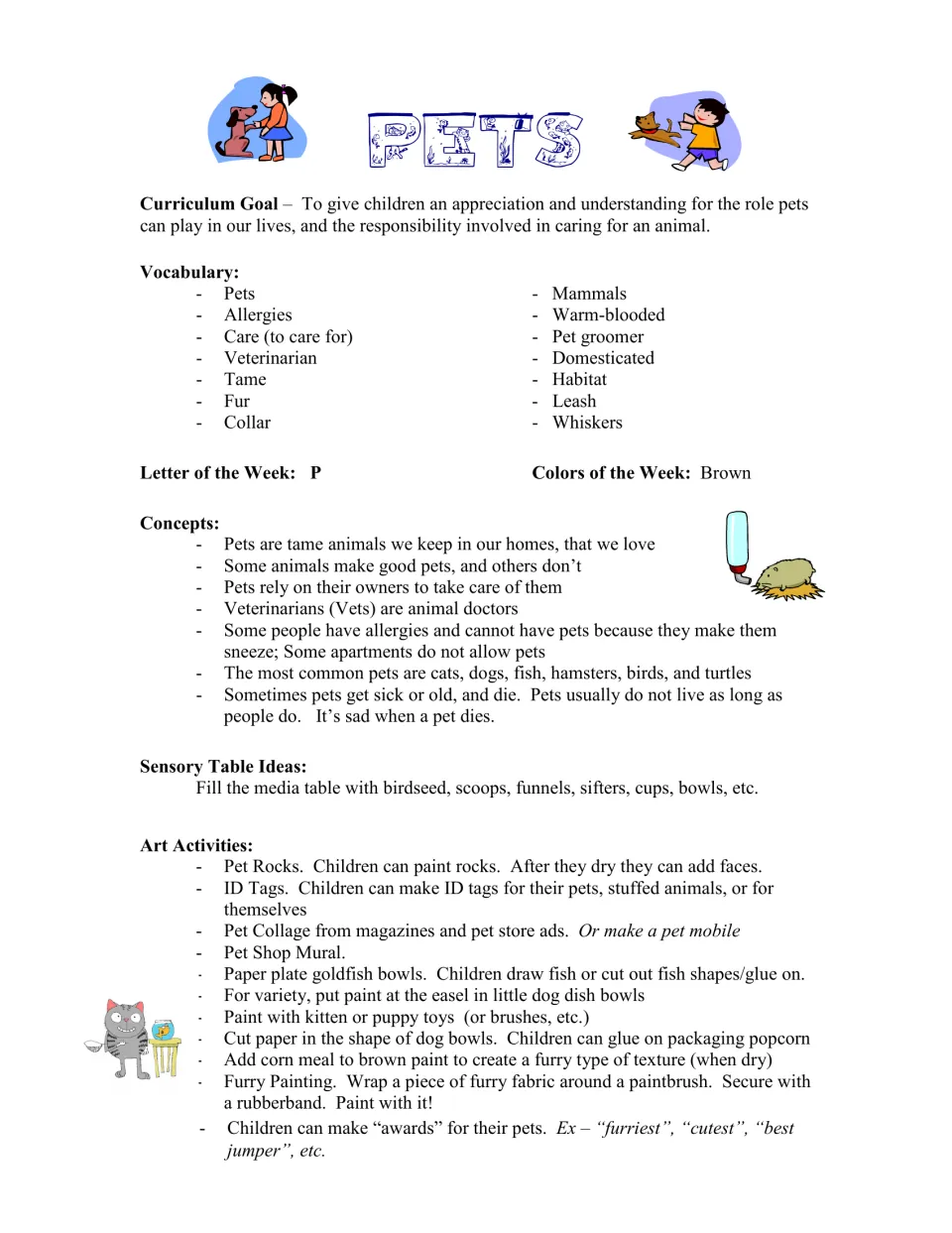 Pets curriculum introduction with care vocabulary, letter P, color brown, sensory ideas, and art activities.