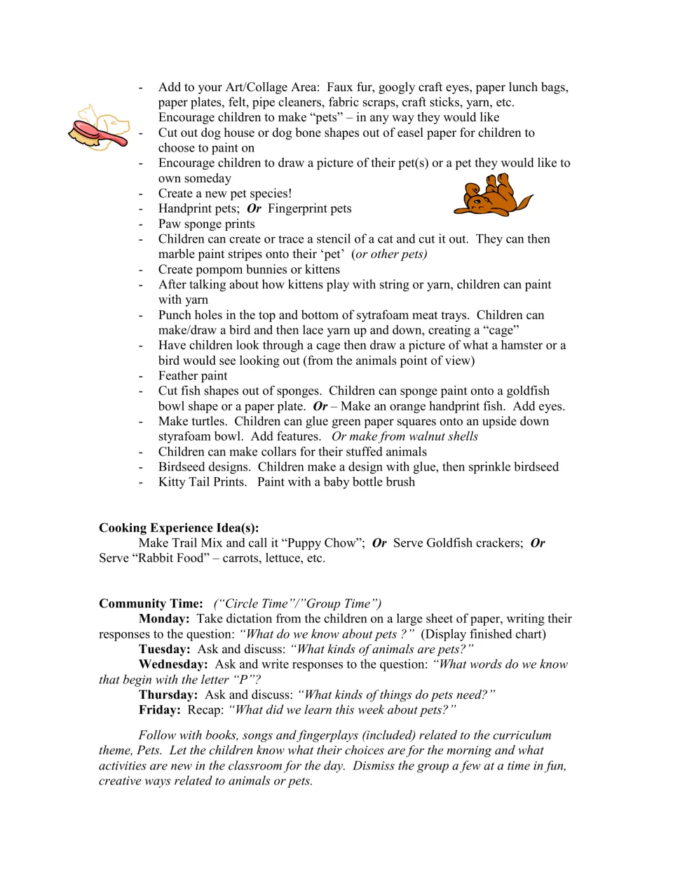 Pets curriculum art ideas continue with paw prints and pet collars, followed by snacks and circle time prompts.