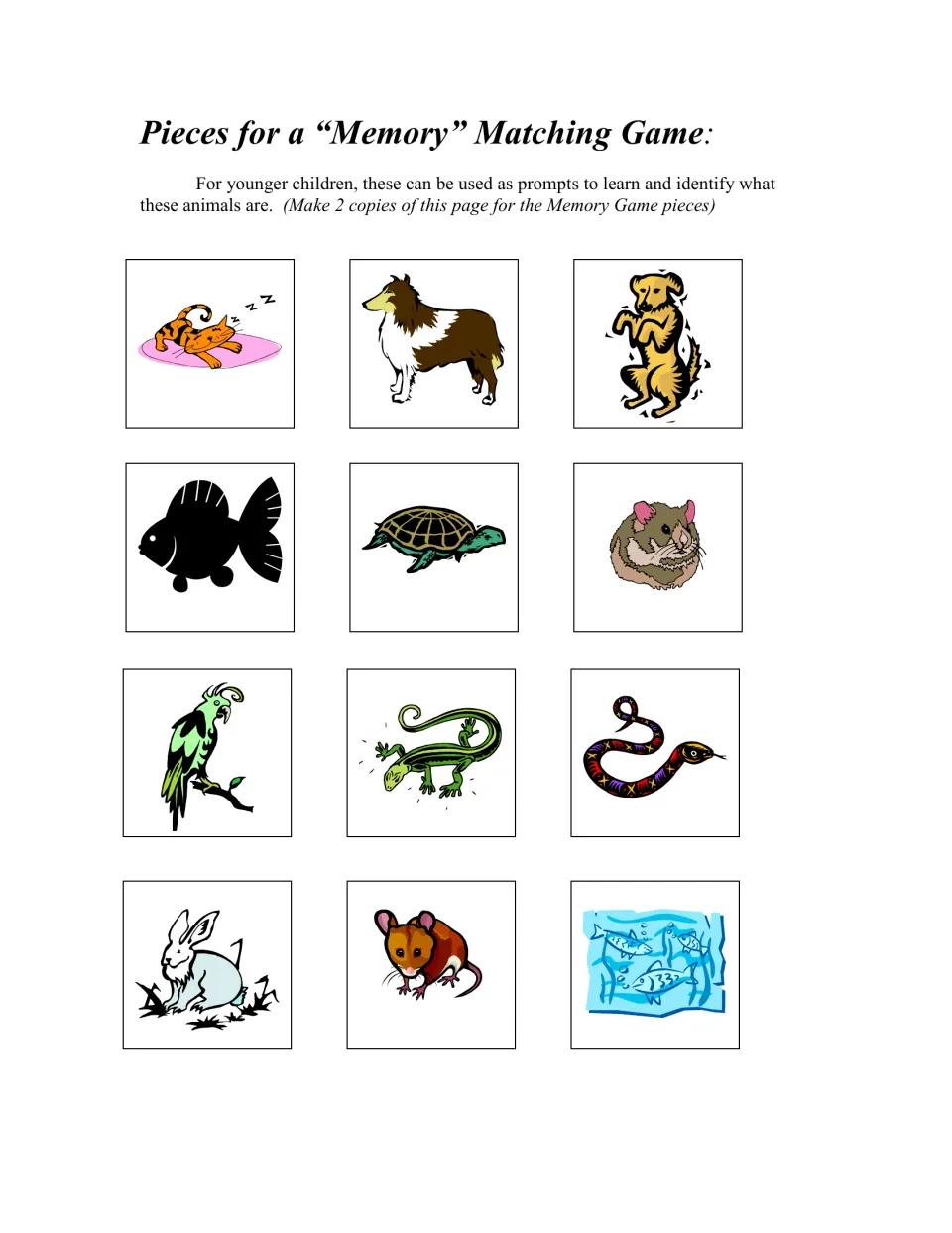 Pets memory game sheet has 12 animal picture cards, including cats, dogs, fish, and reptiles; copy twice.