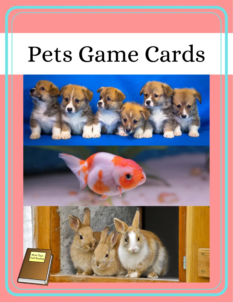 Pets Game Cards cover showing photos of six puppies, an orange and white goldfish, and three rabbits in a hutch