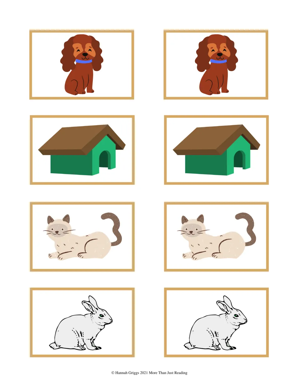 Pet picture cards for matching: two identical cards each of a brown dog, a green doghouse, a Siamese cat and a white rabbit