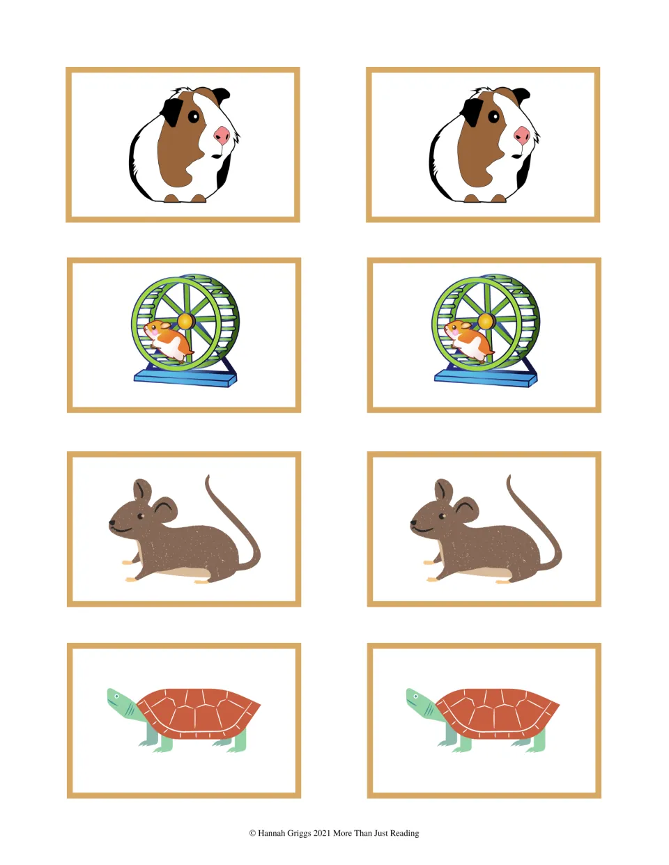 Small pet matching cards: two each of a guinea pig, a hamster in its wheel, a brown mouse and a turtle