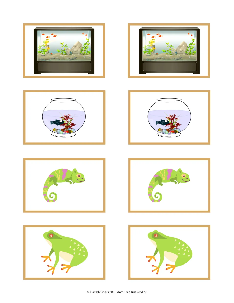 Fish tank and small animal cards in matching pairs: an aquarium, a fishbowl, a green chameleon and a green tree frog
