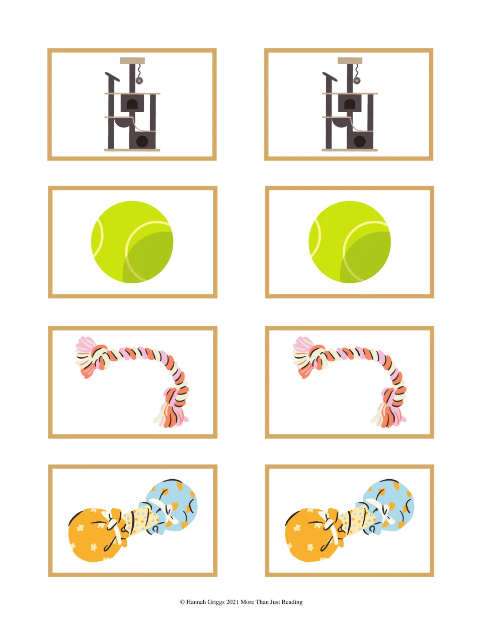 Pet toy cards in matching pairs: a cat tree, a yellow tennis ball, a knotted rope toy and a stuffed fabric dog toy