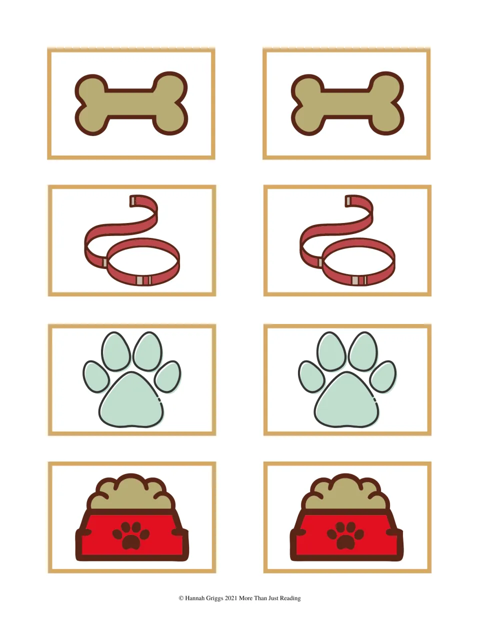 Pet supply matching cards: pairs of a dog bone, a red collar and leash, a paw print and a red bowl full of pet food