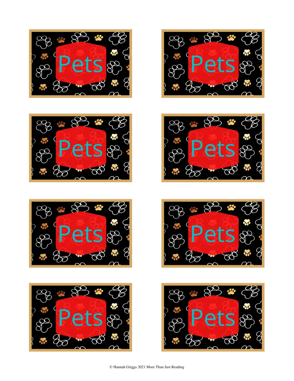 Card backs: eight identical designs reading 'Pets' on a red label over a black paw-print pattern, to glue onto card fronts
