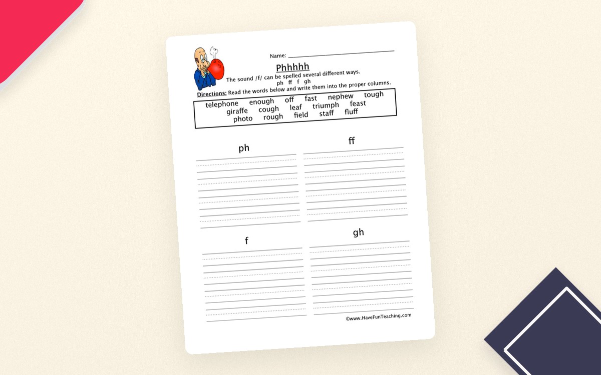 PH FF F GH Worksheet preview: Eighteen-word /f/ spelling bank