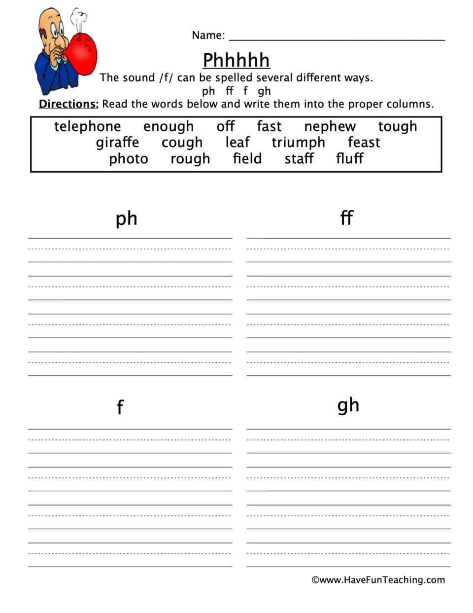 Spelling the /f/ sound: students sort 16 words like telephone, cough, staff and leaf under ph, ff, f or gh