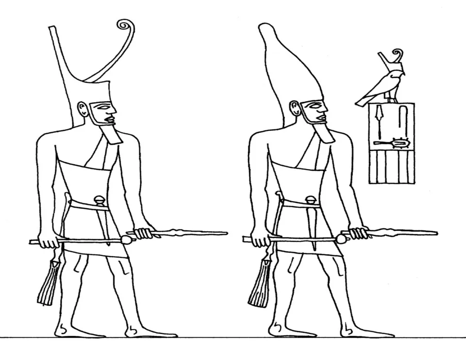 Line drawing of two Egyptian kings in different tall crowns holding maces, beside a falcon emblem