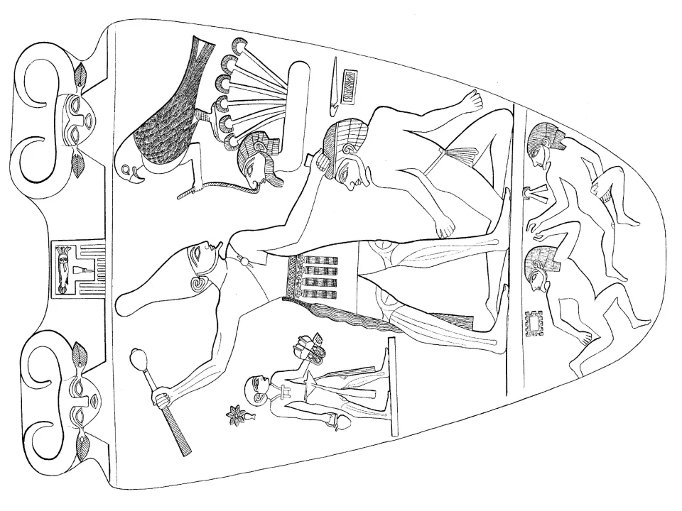 Line drawing of a carved Egyptian palette: a crowned king raises a mace over a kneeling captive, fallen men below