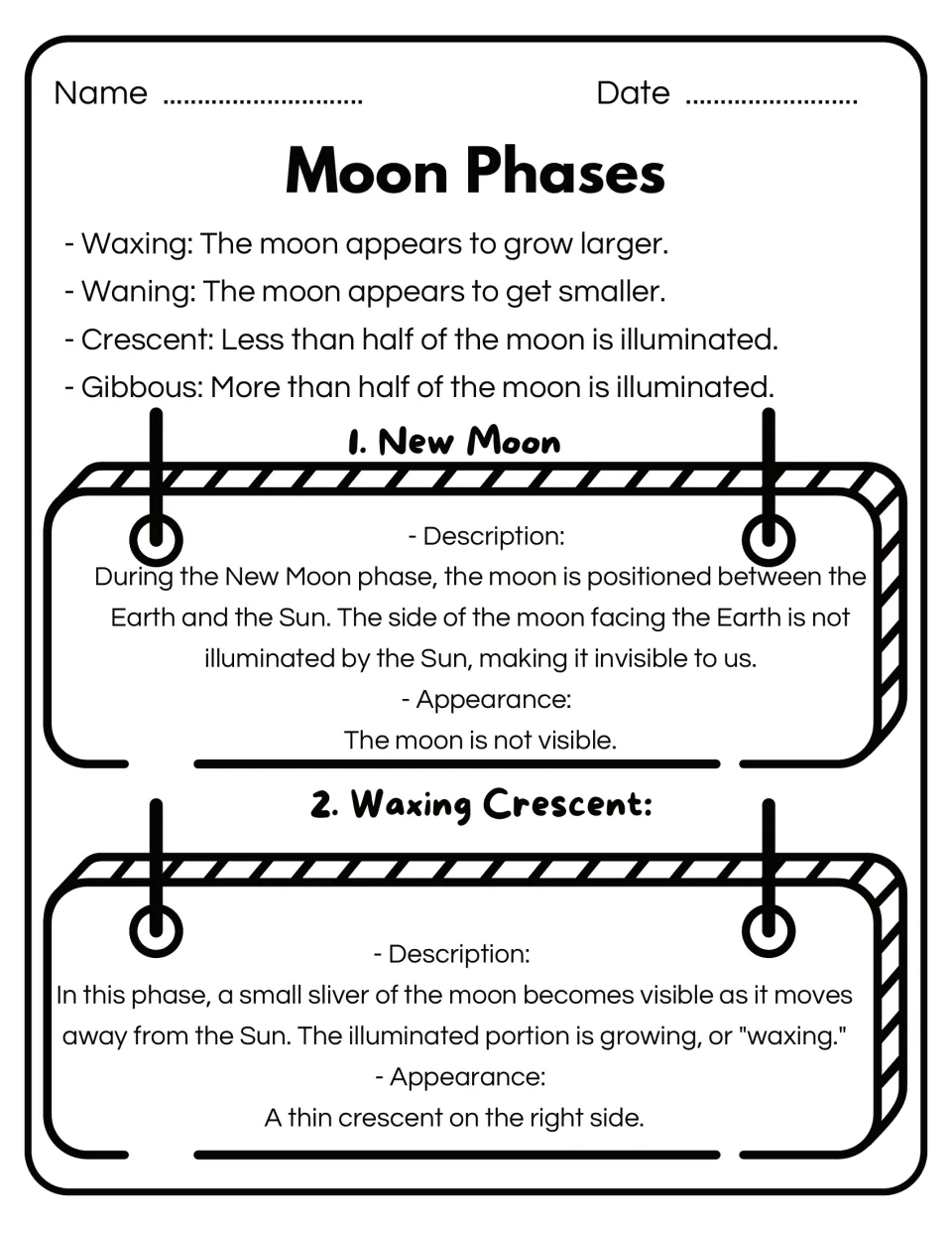 Reference page defines waxing, waning, crescent, and gibbous, then describes new moon and waxing crescent.
