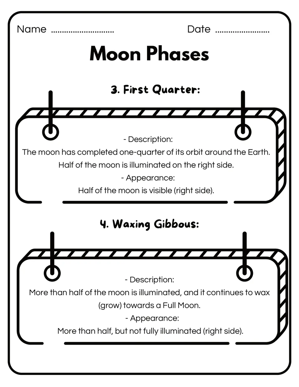 Reference page describes first quarter and waxing gibbous, including how much of the moon is illuminated.