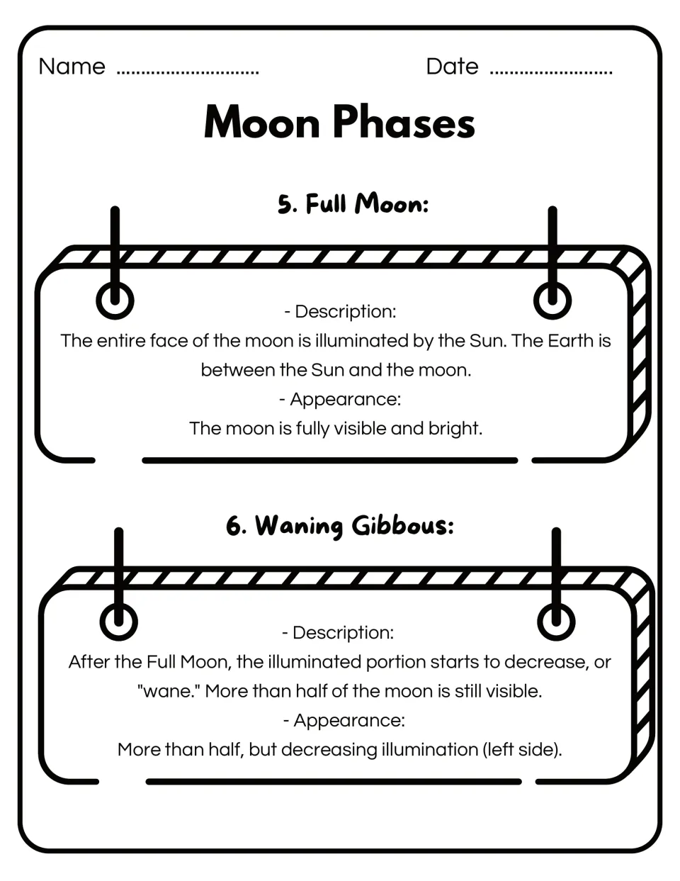 Reference page explains full moon and waning gibbous, describing full illumination and its later decrease.