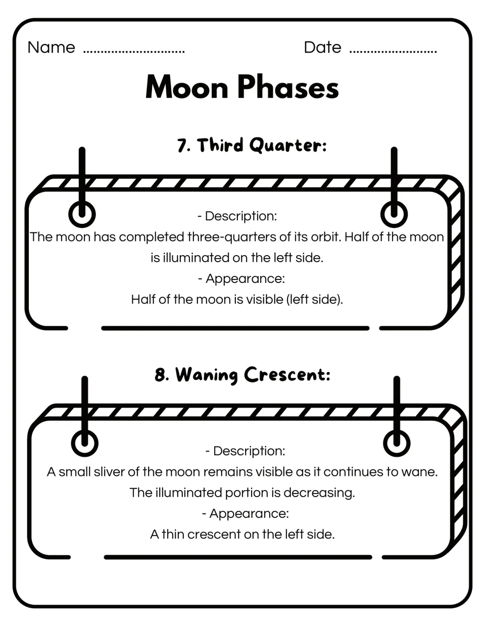 Reference page describes third quarter and waning crescent, with the left half or a thin crescent visible.