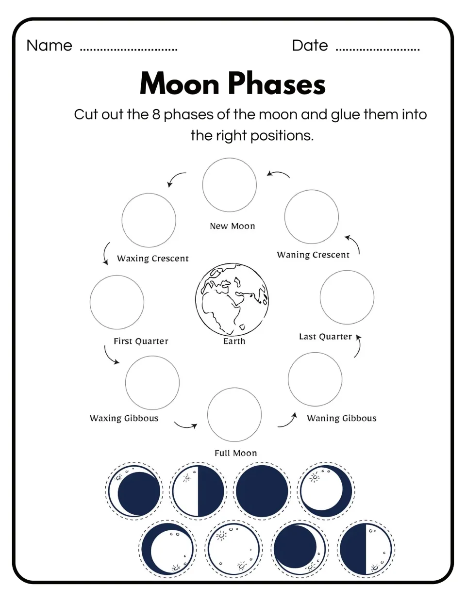 Cut-and-glue activity provides eight moon phase pictures to place at labeled positions surrounding Earth.