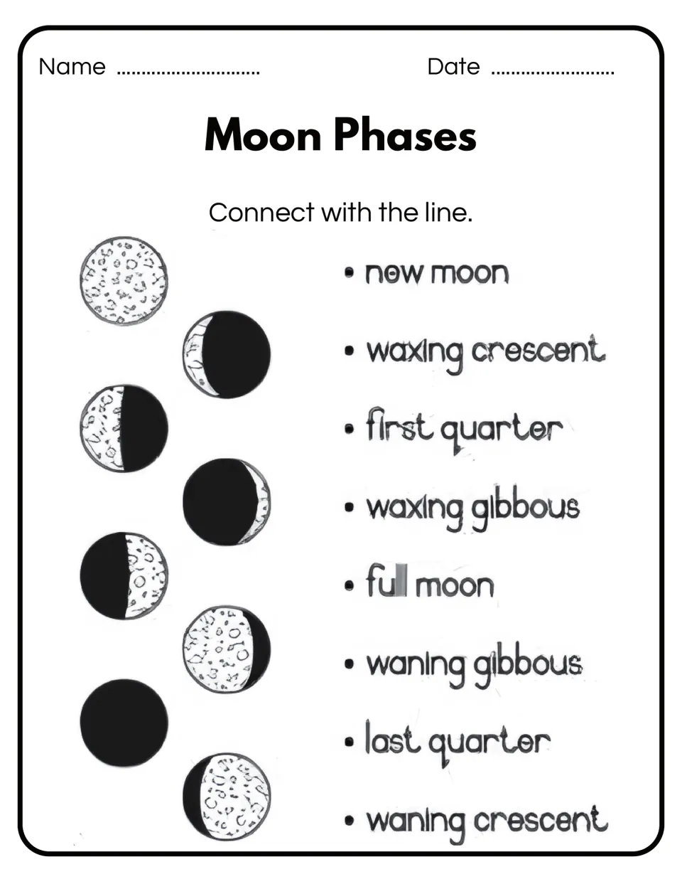 Matching activity asks students to connect eight moon pictures to phase names, from new moon to waning crescent.