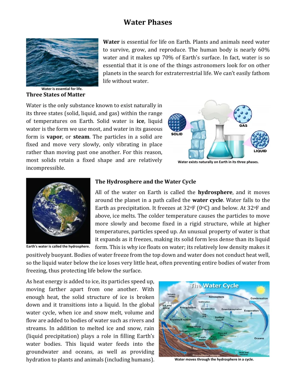 Reading passage opening on water's three states, the hydrosphere, freezing, melting, and the water cycle.