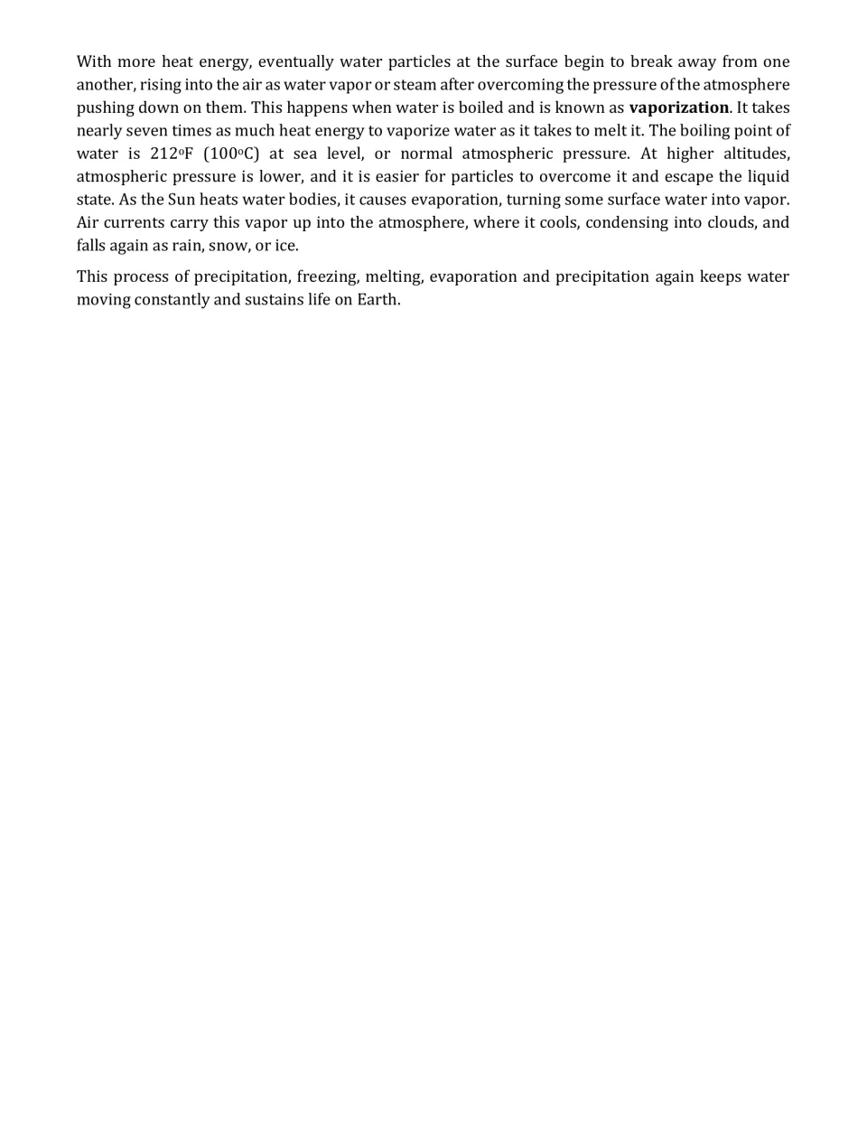 Reading passage continuation explaining vaporization, boiling point, evaporation, condensation, and precipitation.