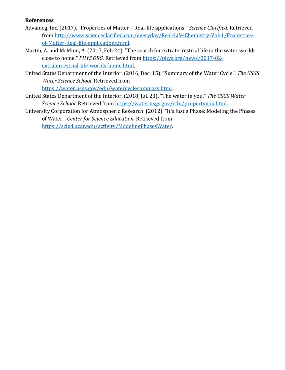 References for the water phases reading, citing sources on matter, water worlds, the water cycle, and modeling.