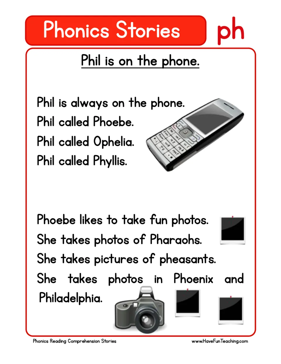 PH phonics story about Phil calling Phoebe, Ophelia, and Phyllis, and Phoebe photographing pharaohs and pheasants.