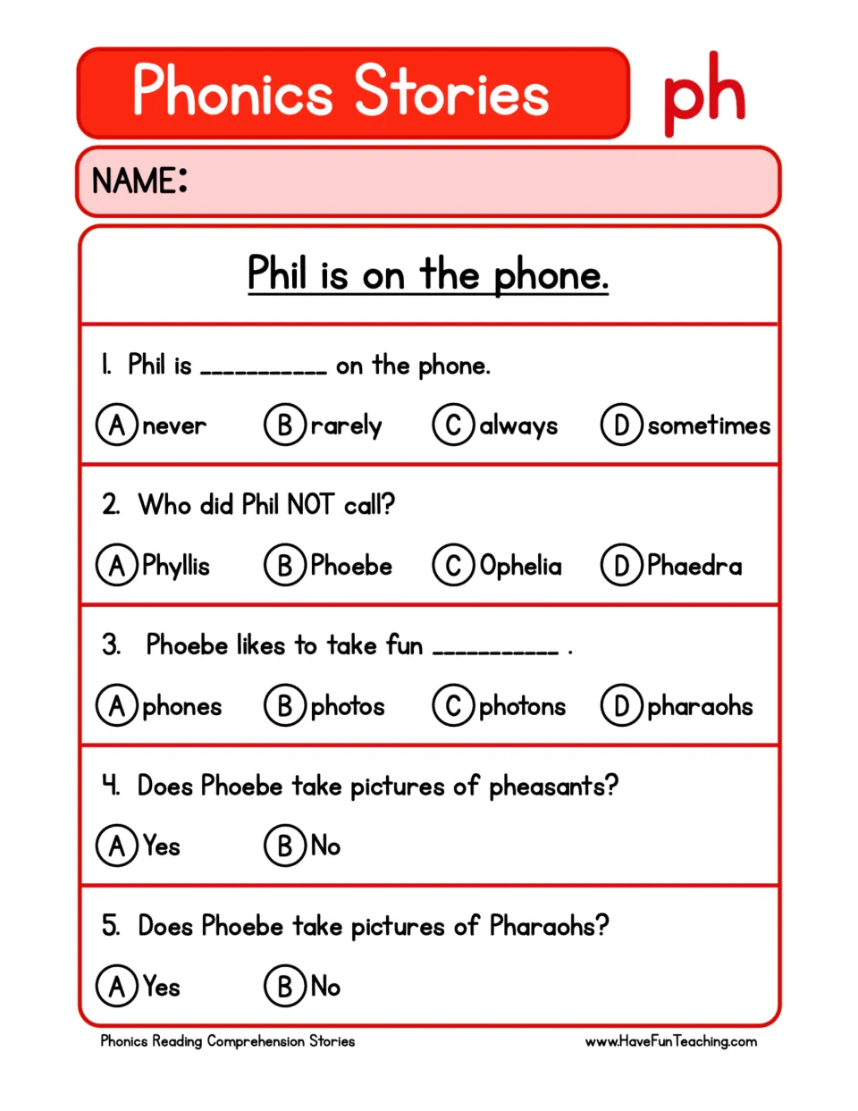Five comprehension questions about how often Phil uses the phone, whom he called, and Phoebe's photos.