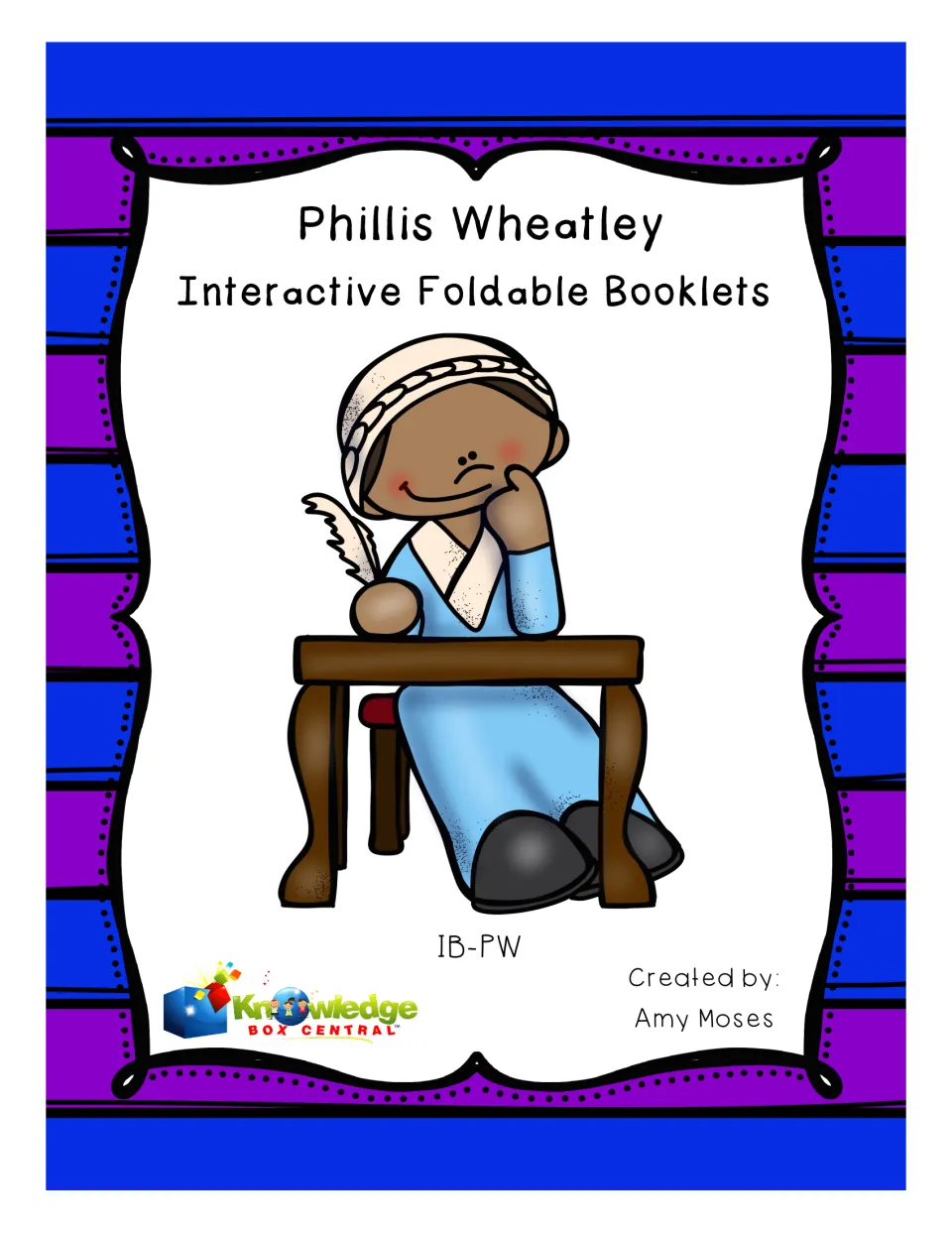 Phillis Wheatley foldable booklets cover: cartoon Wheatley at a desk with a quill pen, created by Amy Moses