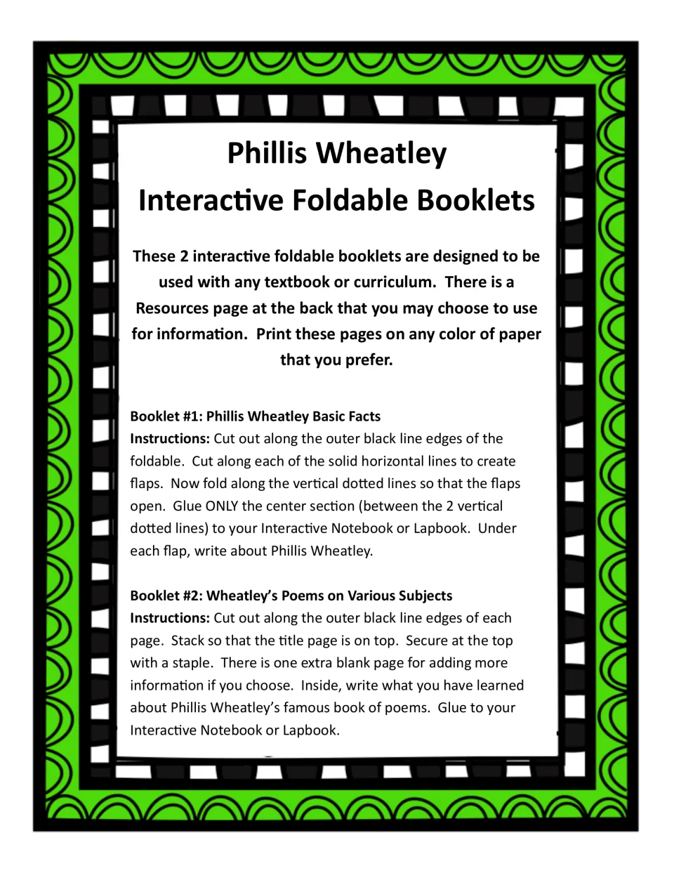Directions for two Wheatley booklets: cut, fold and glue a Basic Facts flap book, then staple a book about her poems