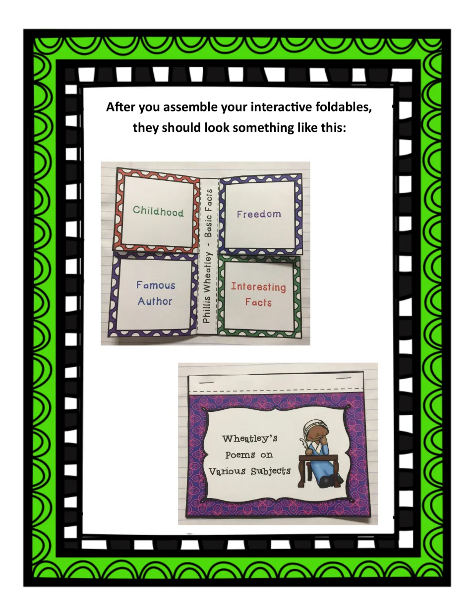 Photos of finished Wheatley foldables: a four-flap Basic Facts book and a stapled Poems on Various Subjects flipbook