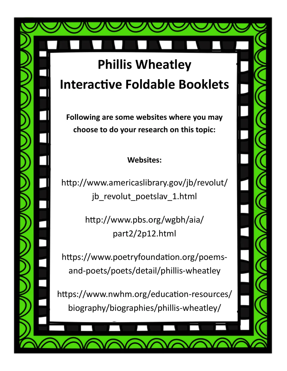 Research websites on Phillis Wheatley: links to America's Library, PBS, Poetry Foundation and the women's history museum