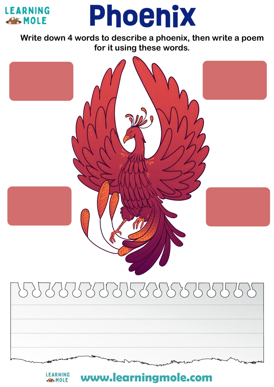 Phoenix descriptive poem: students write 4 words describing the illustrated red phoenix, then use them in a poem