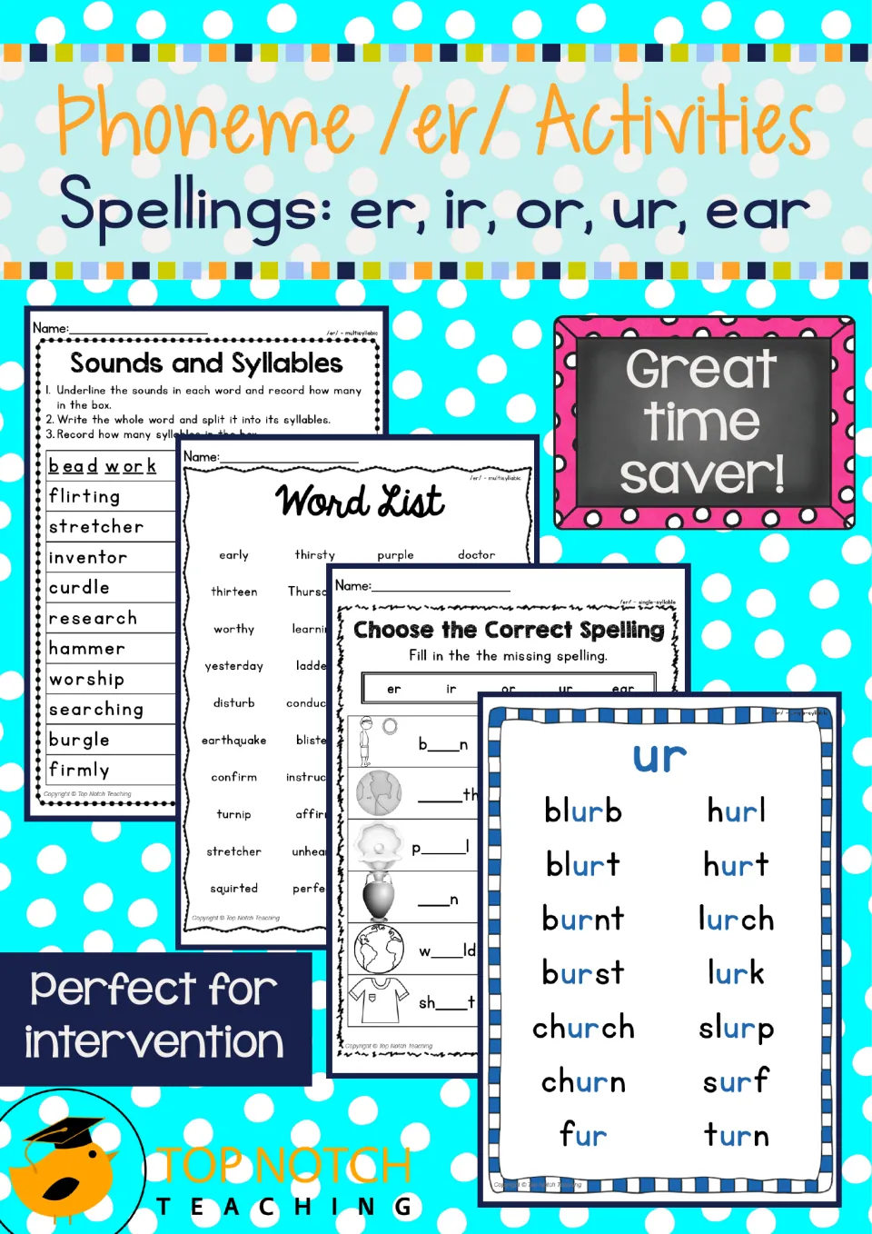 Cover of Phoneme /er/ Activities for spellings er, ir, or, ur, ear, showing word list, spelling sheet and ur poster