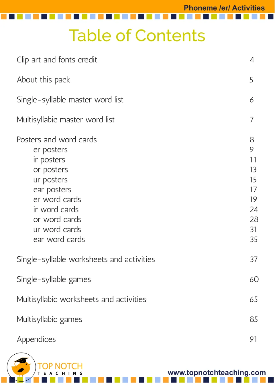 Table of contents listing master word lists, er to ear posters and word cards, single-syllable and multisyllabic activities