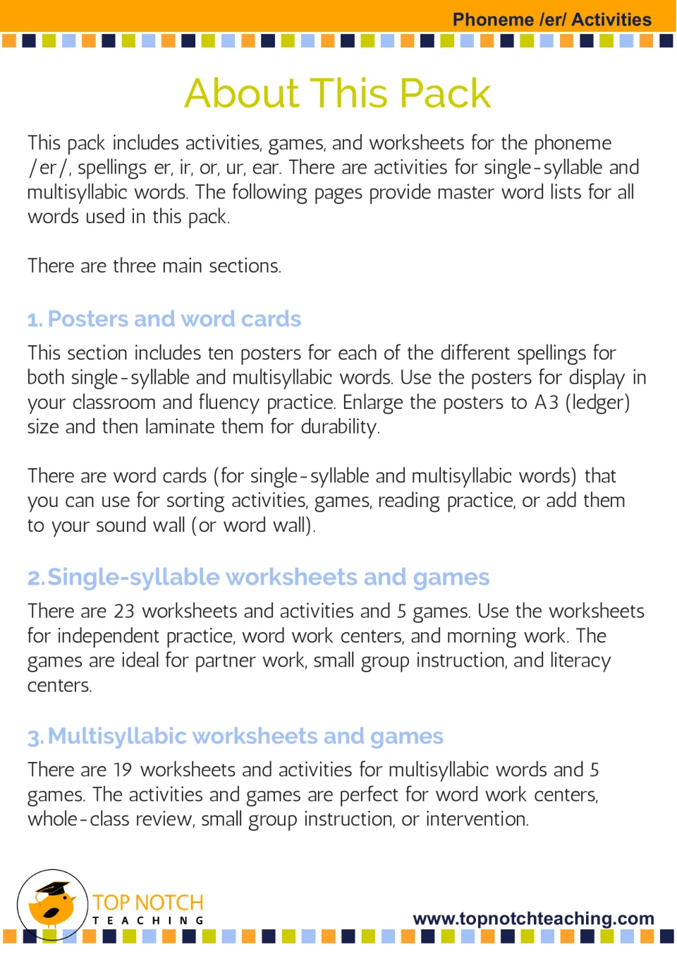 About This Pack: explains three sections, posters and word cards, single-syllable and multisyllabic worksheets and games