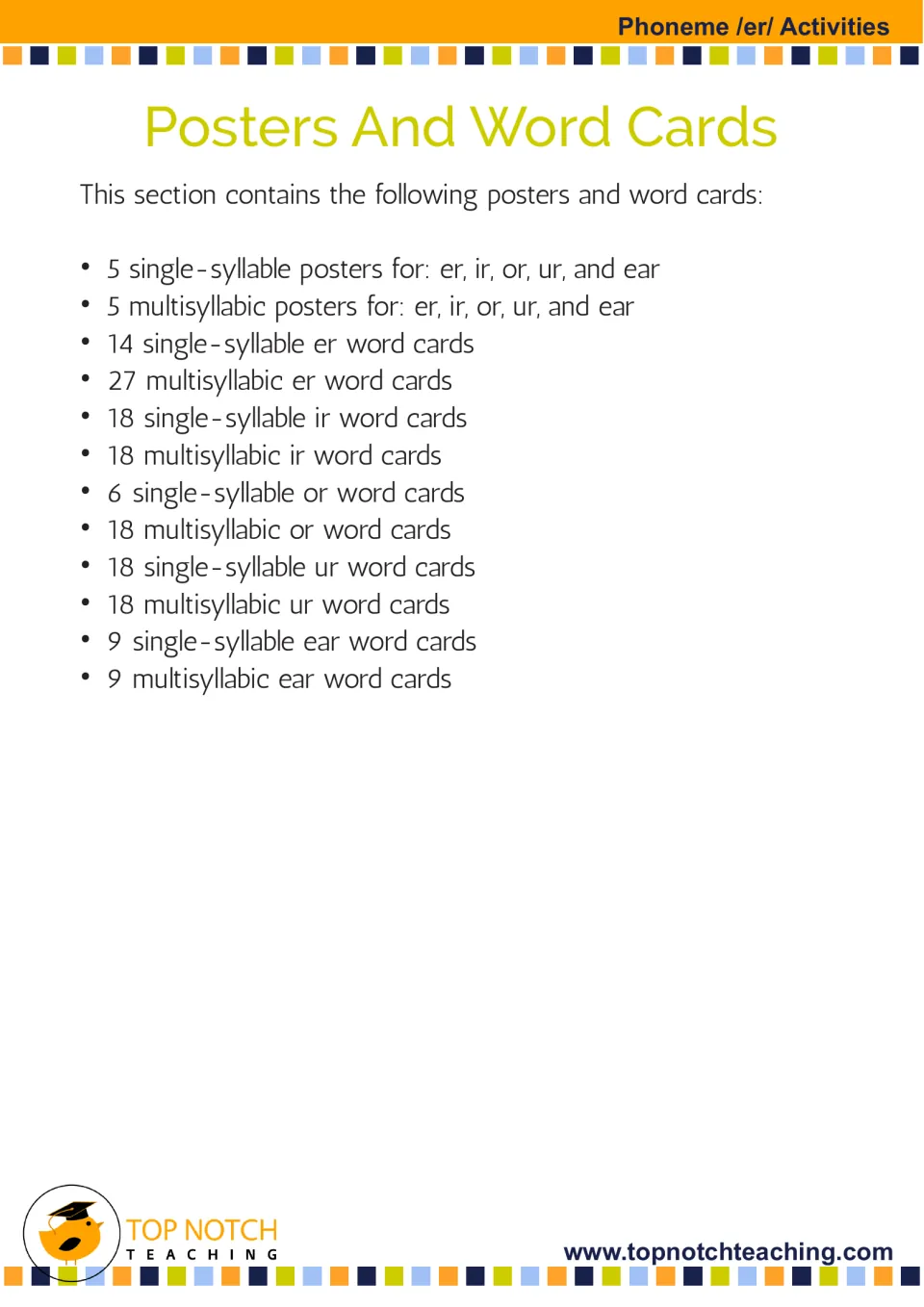 Posters and word cards section overview counting single-syllable and multisyllabic posters and cards for each /er/ spelling