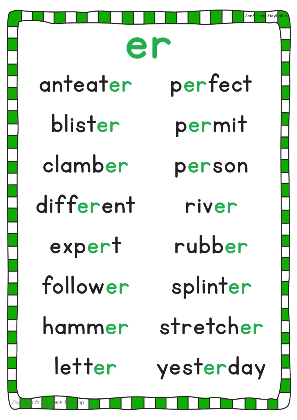 er spelling poster of multisyllabic words like anteater, different, expert, splinter and yesterday, er shown in green