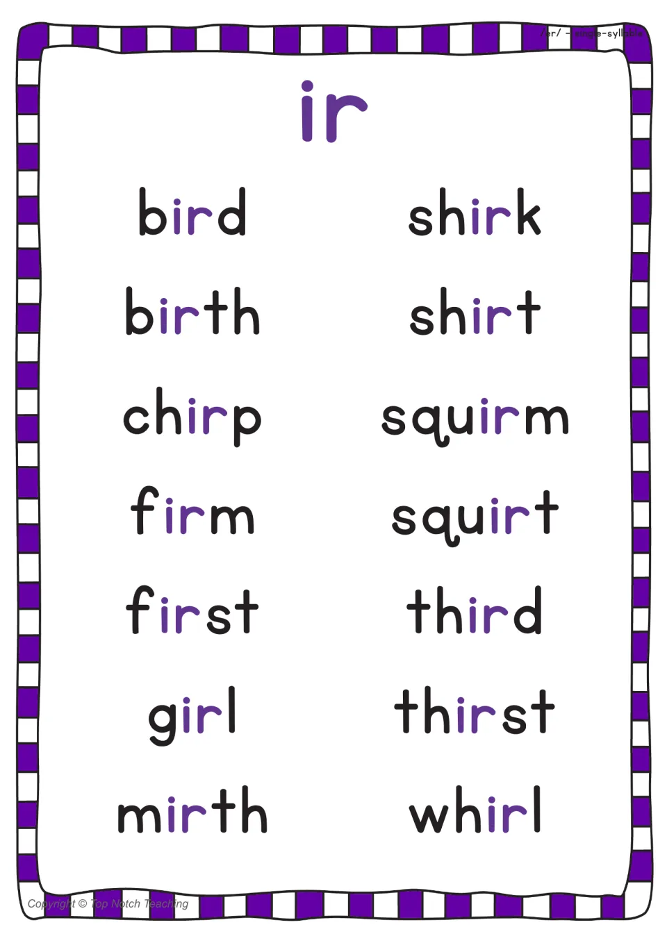 ir spelling poster of single-syllable words including bird, chirp, first, girl, squirm and whirl with ir in purple